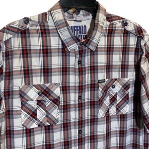 Buffalo David Bitton Men's Large Gray red plaid  button up short sleeve shirt